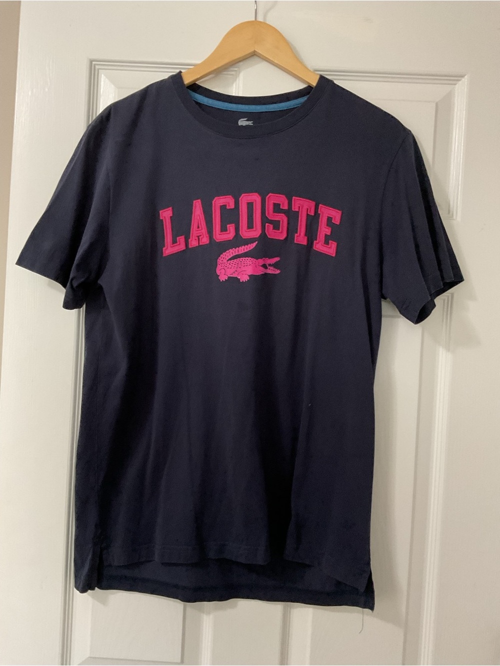 Lacoste Navy Short-Sleeve Tee with Pink Logo